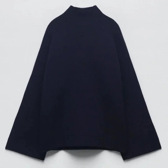 Zara  96% Merino Wool High Buttoned Collar Knit Sweater Navy Blue Size Medium - Picture 5 of 11